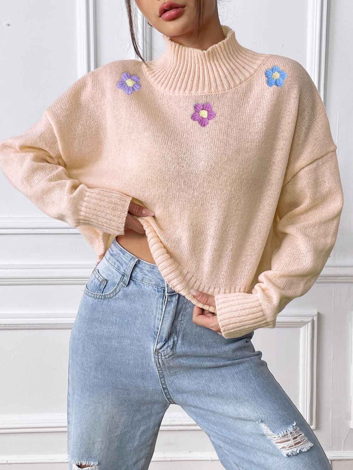 Flower Turtleneck Long Sleeve Sweater-Trendy
