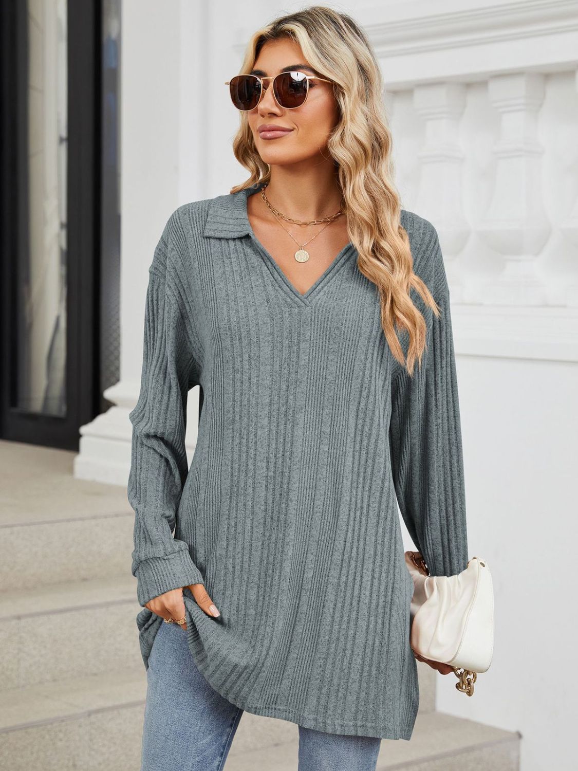 Slit Johnny Collar Long Sleeve T-Shirt-Comfortable