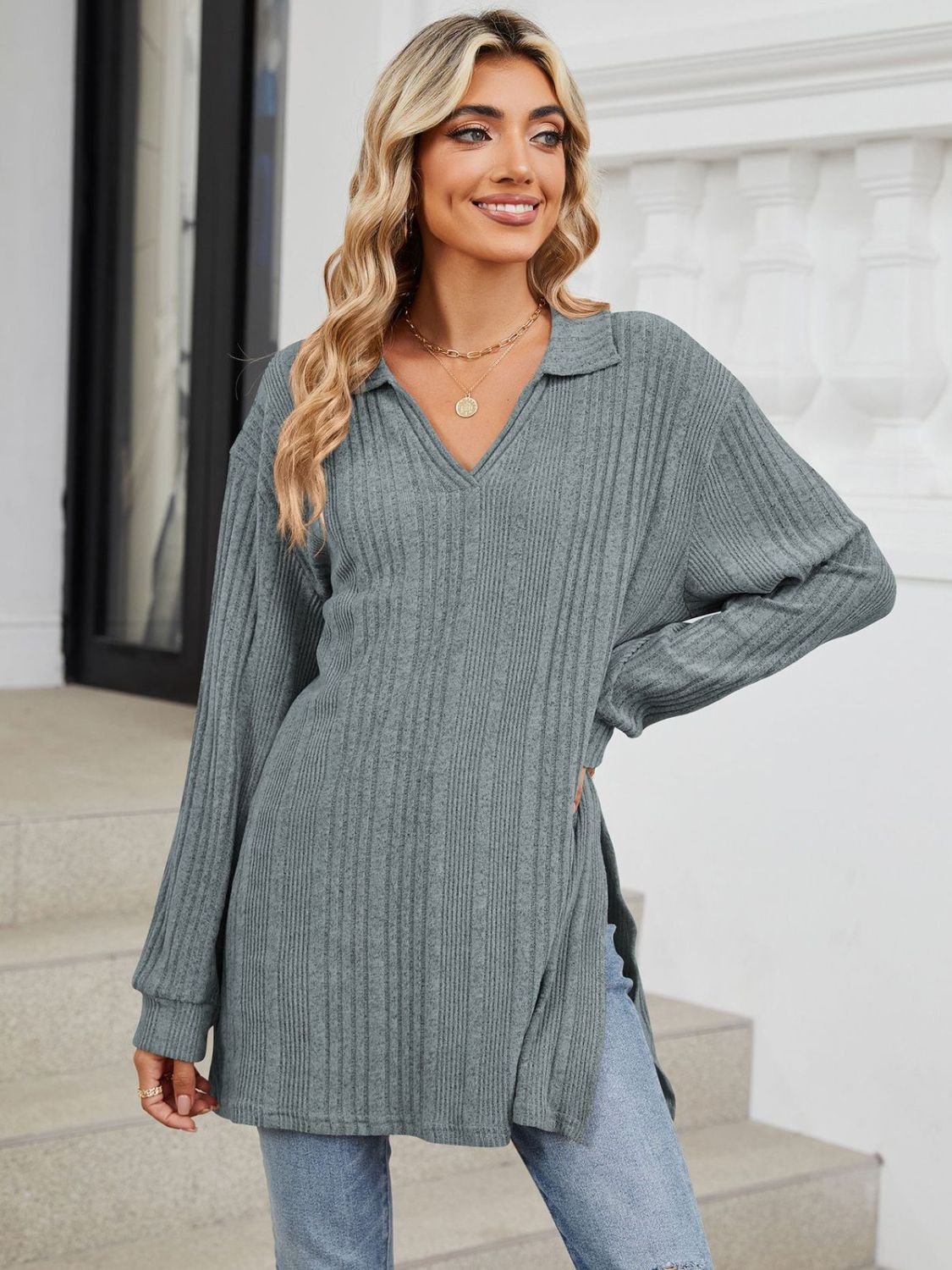 Slit Johnny Collar Long Sleeve T-Shirt-Comfortable