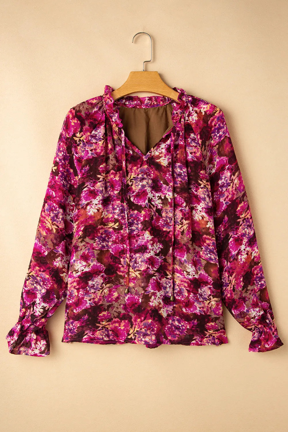Printed Tie Neck Flounce Sleeve Blouse-Stylish