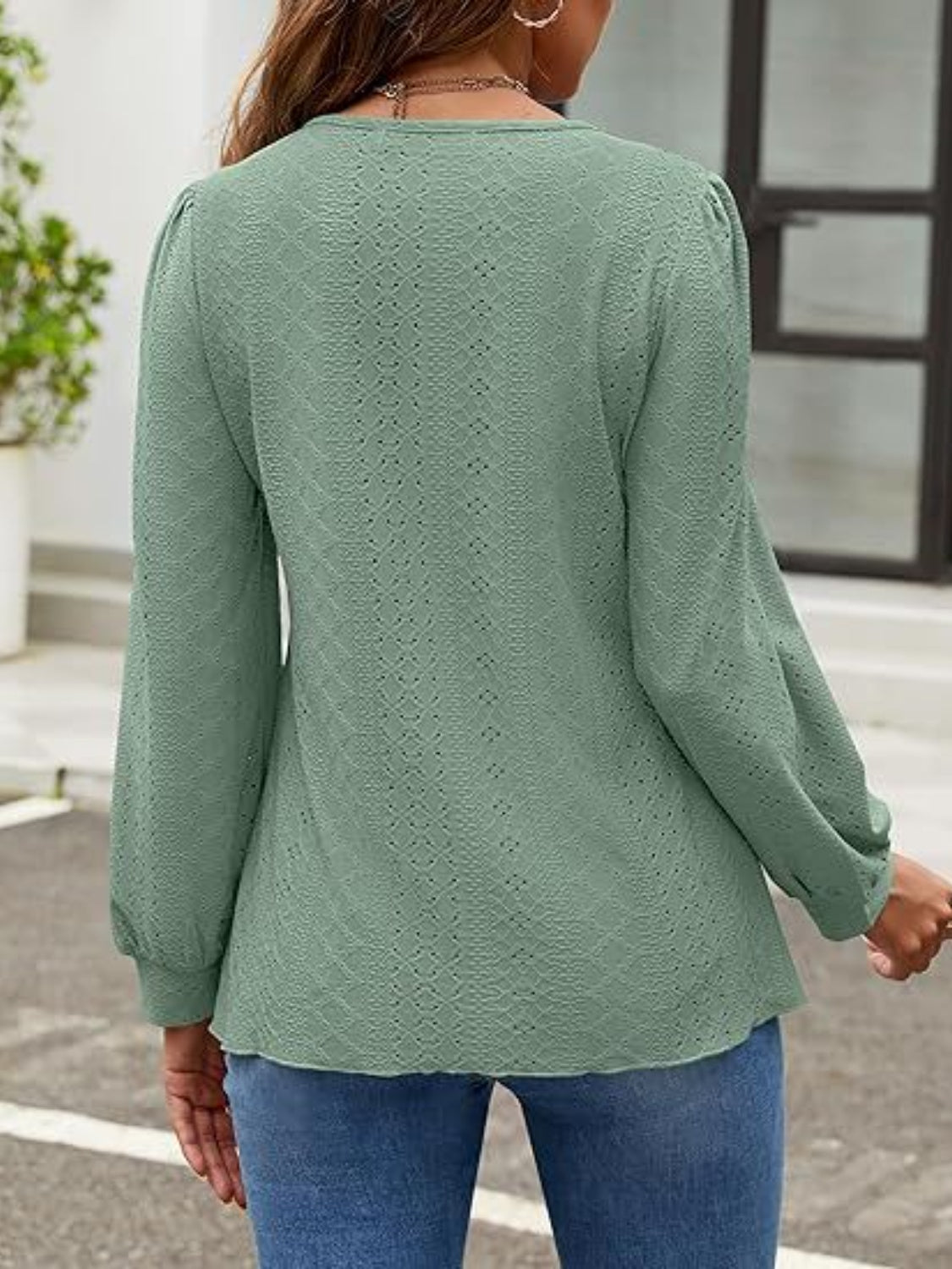 Eyelet Round Neck Long Sleeve Top-Comfortable-Fashion