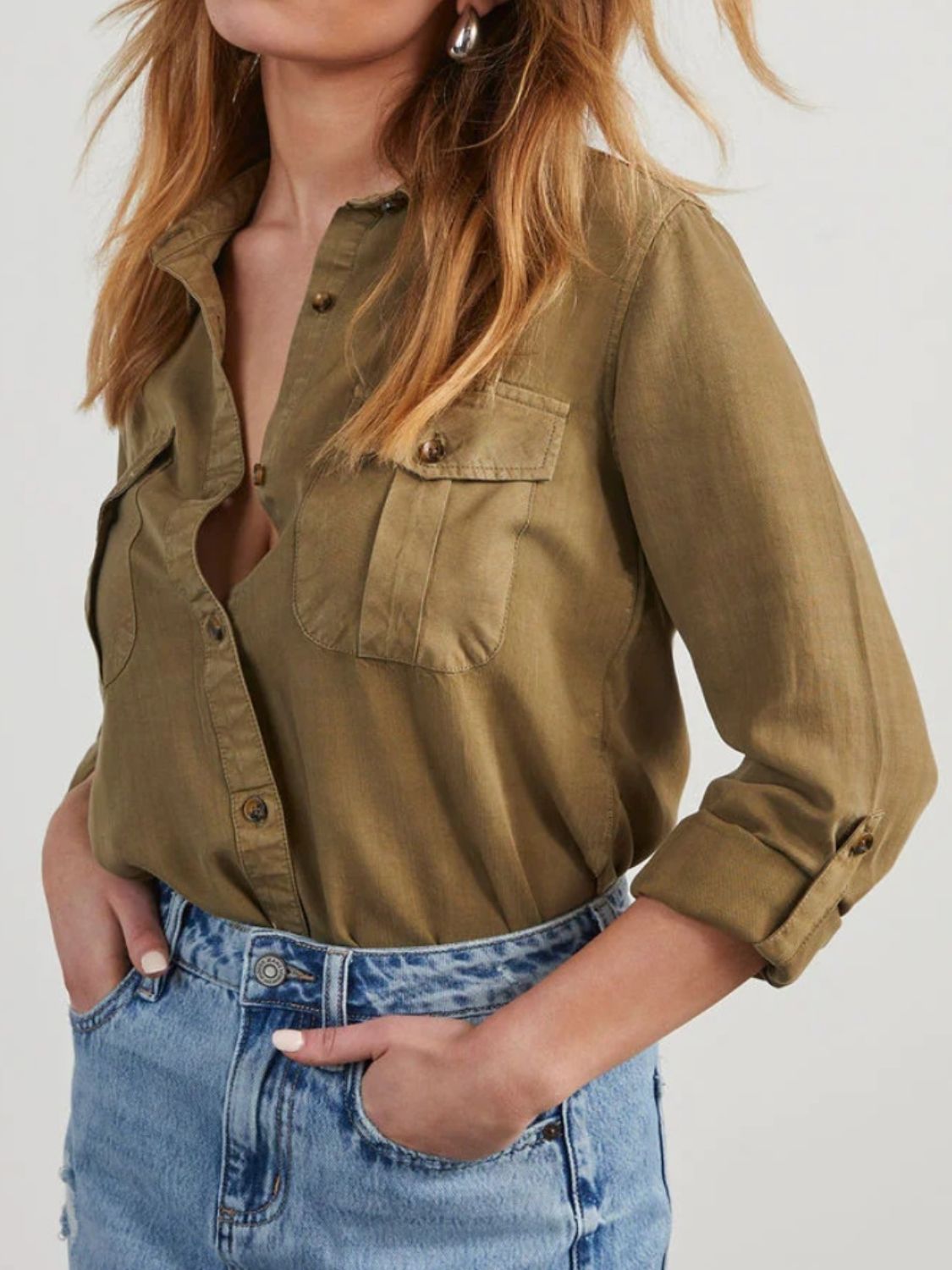 Collared Neck Roll-Tab Sleeve - Denim Top