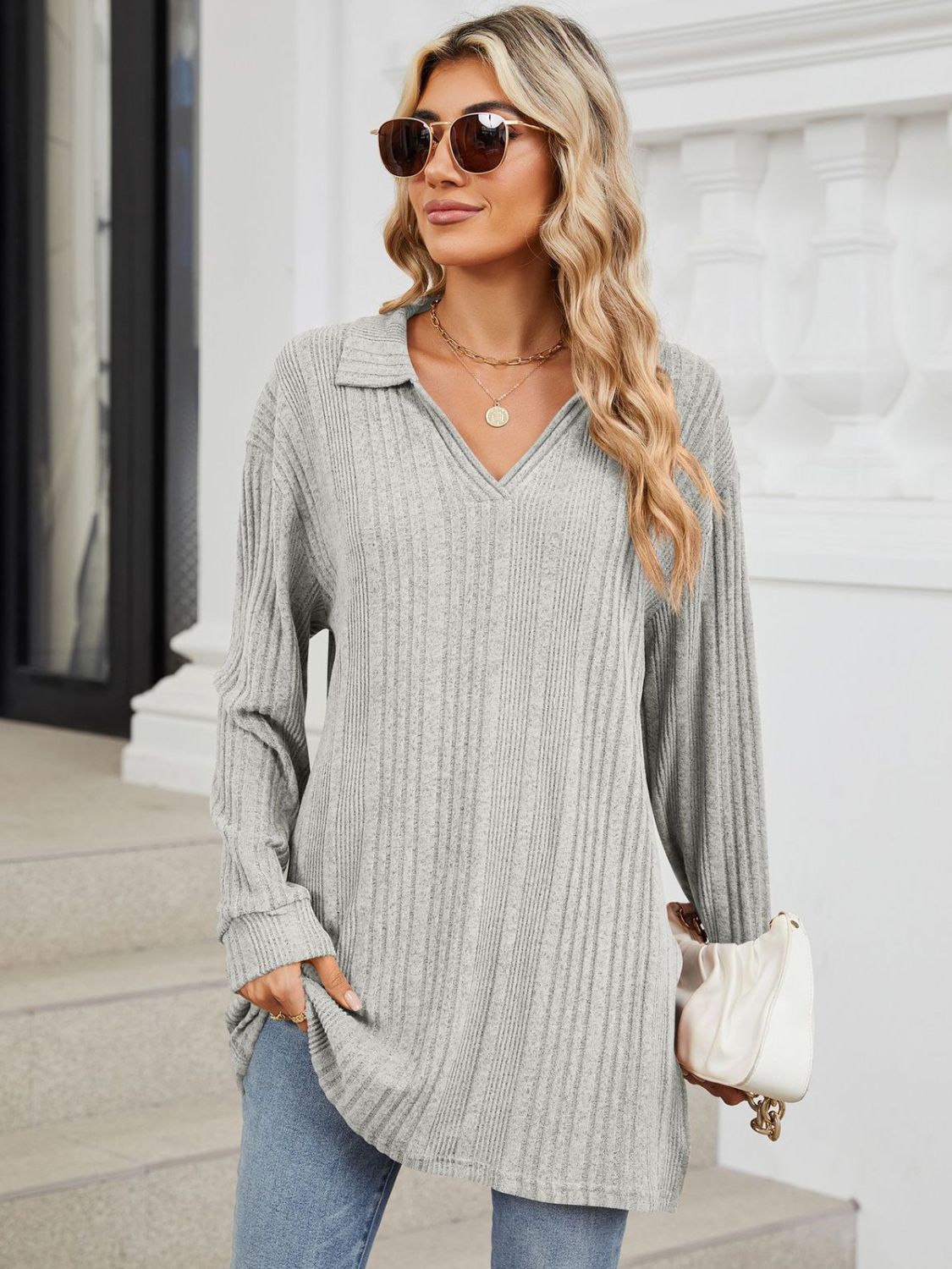 Slit Johnny Collar Long Sleeve T-Shirt-Comfortable