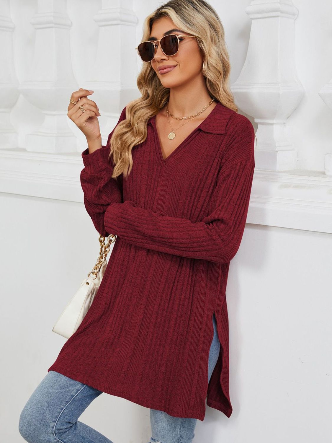 Slit Johnny Collar Long Sleeve T-Shirt-Comfortable