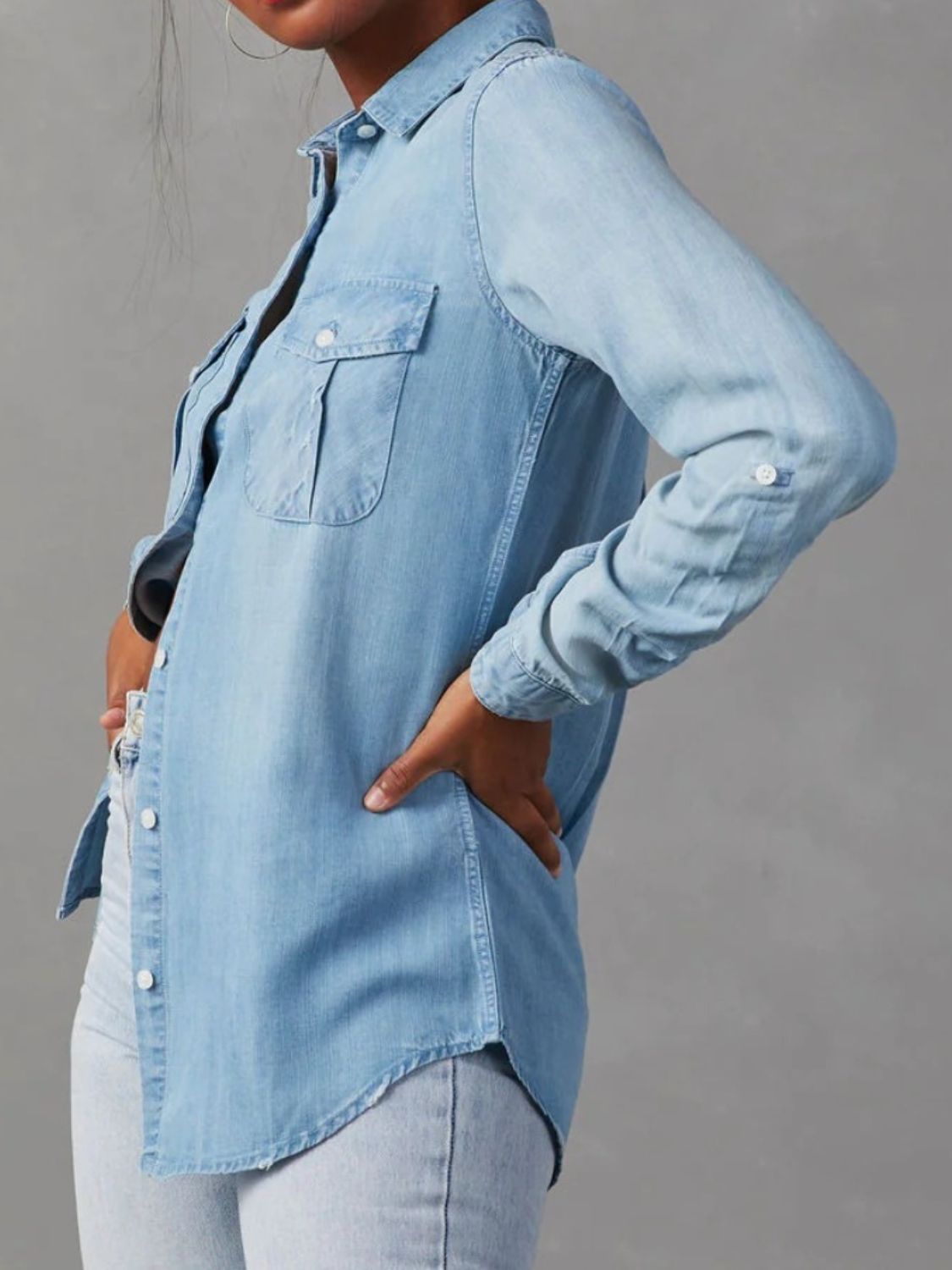 Collared Neck Roll-Tab Sleeve - Denim Top