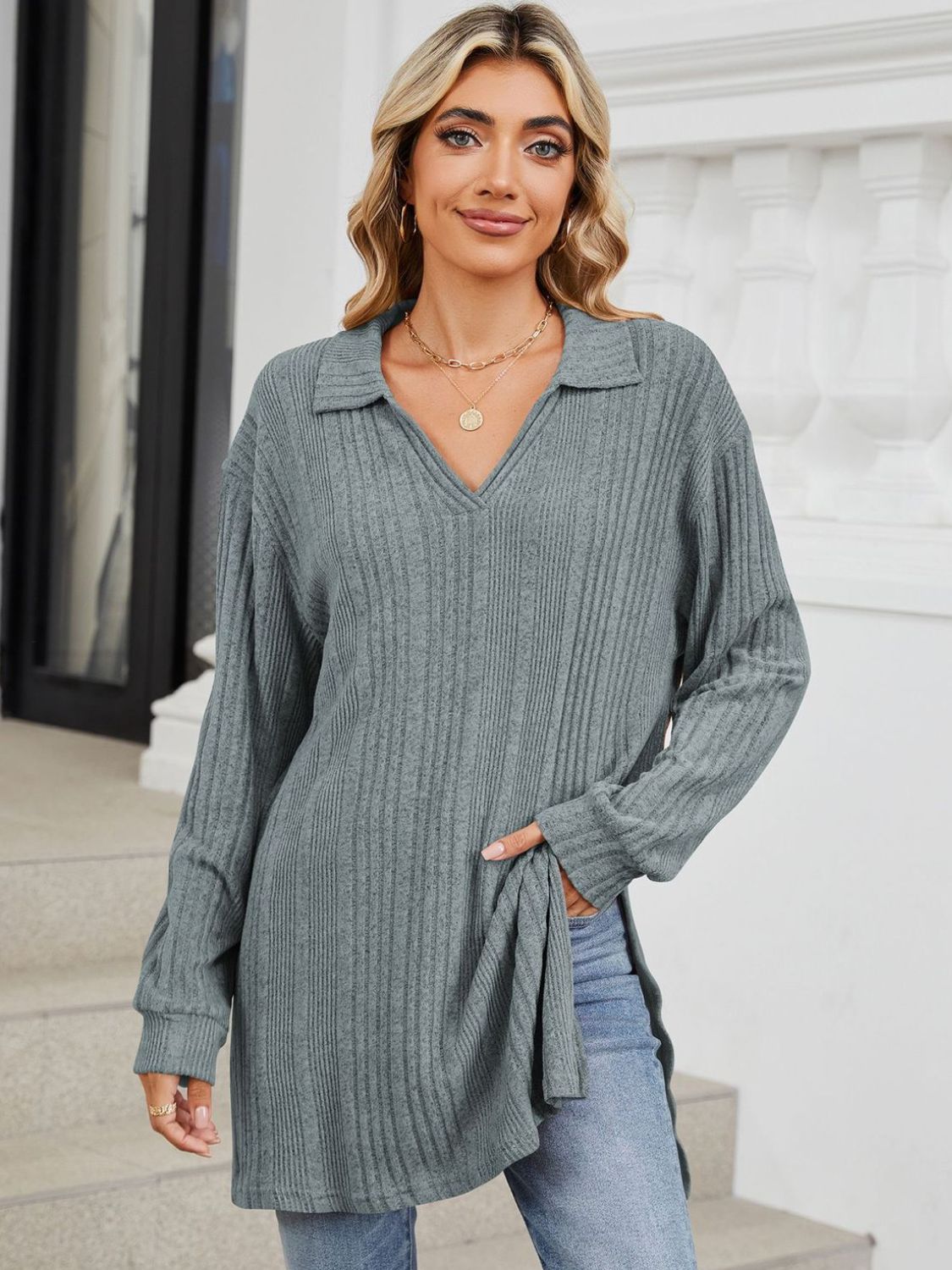 Slit Johnny Collar Long Sleeve T-Shirt-Comfortable