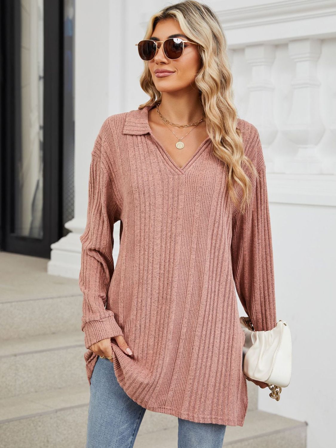 Slit Johnny Collar Long Sleeve T-Shirt-Comfortable