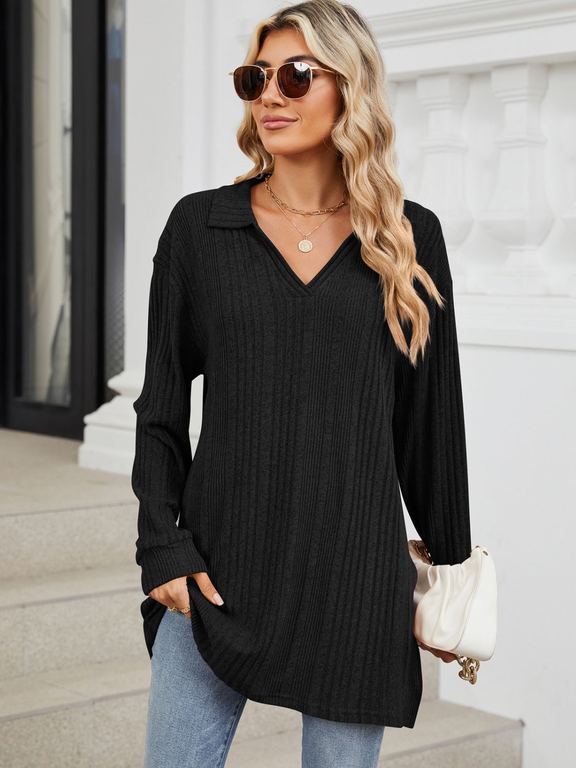 Slit Johnny Collar Long Sleeve T-Shirt-Comfortable