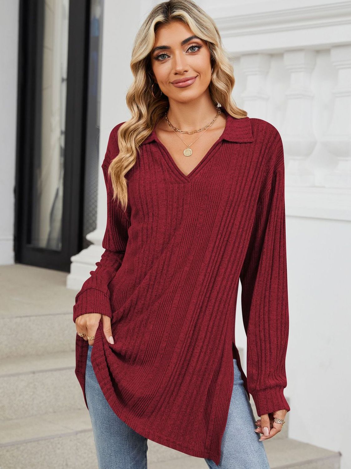 Slit Johnny Collar Long Sleeve T-Shirt-Comfortable