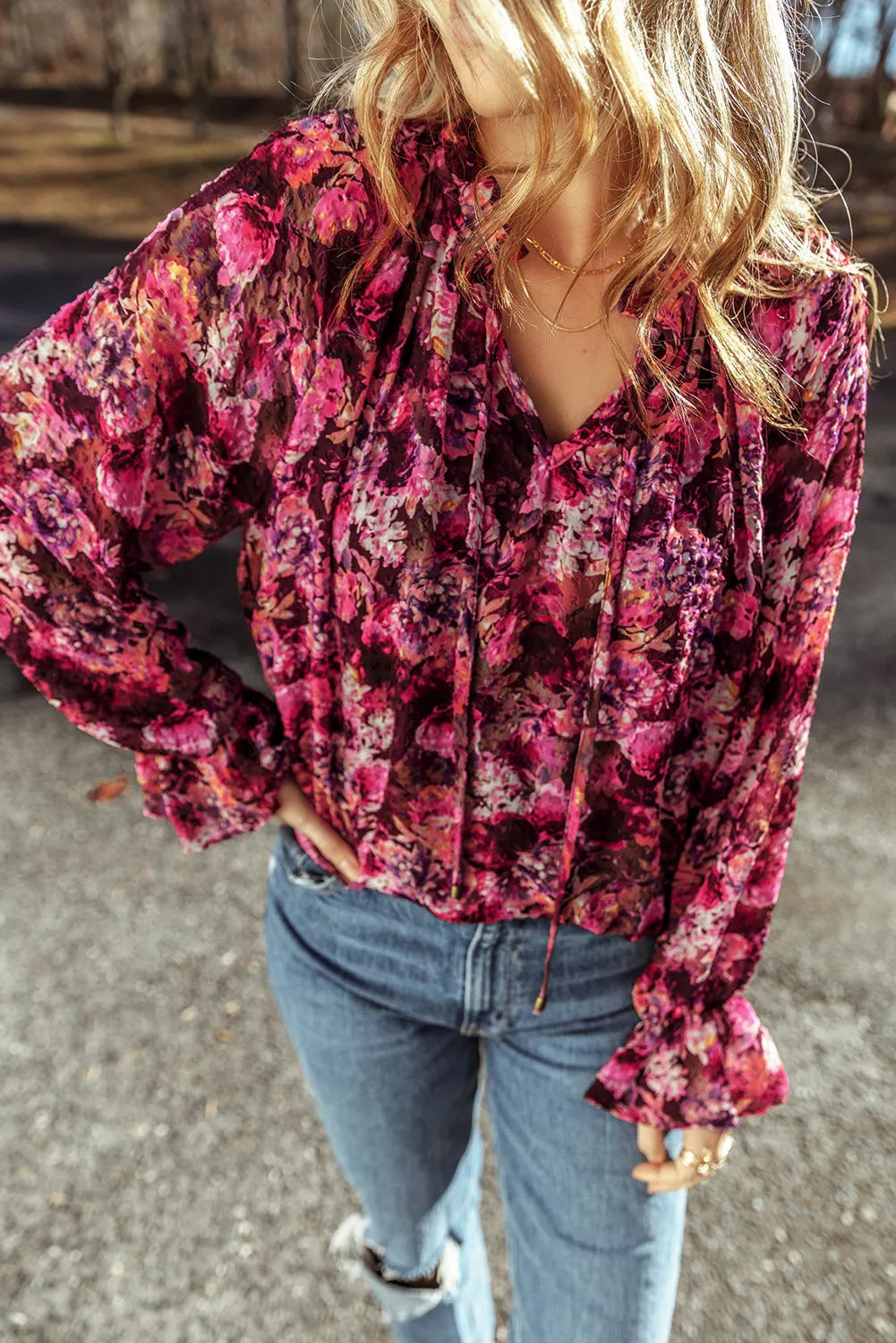 Printed Tie Neck Flounce Sleeve Blouse-Stylish