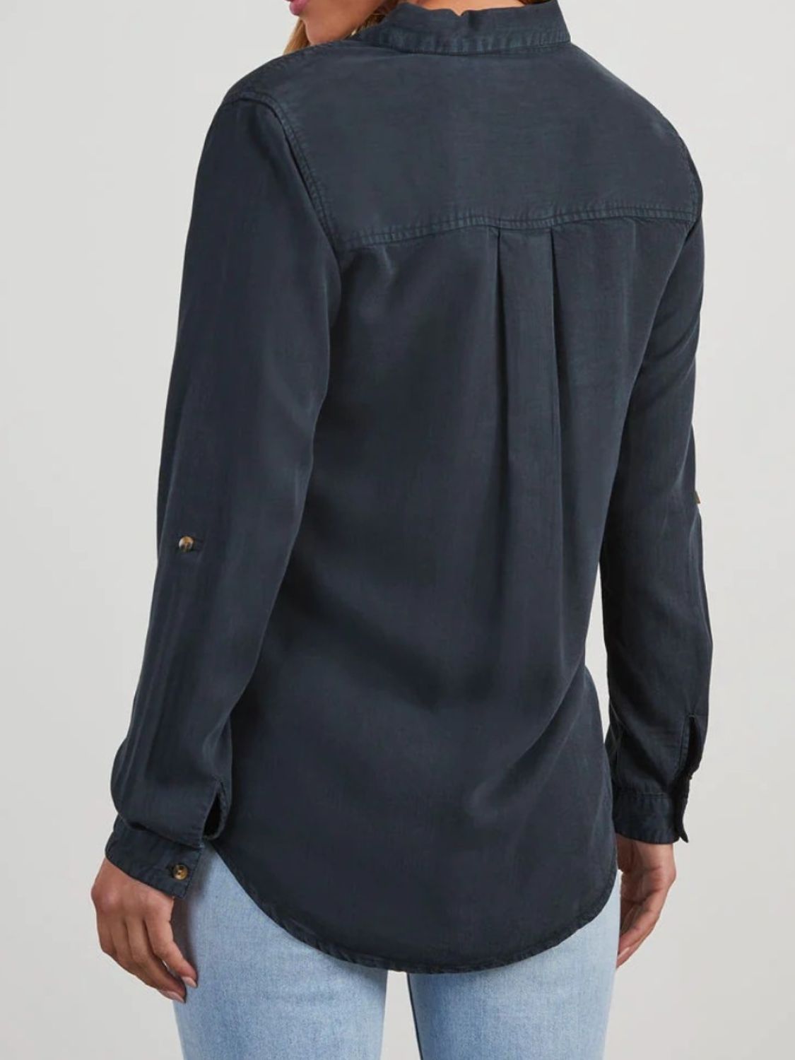 Collared Neck Roll-Tab Sleeve - Denim Top