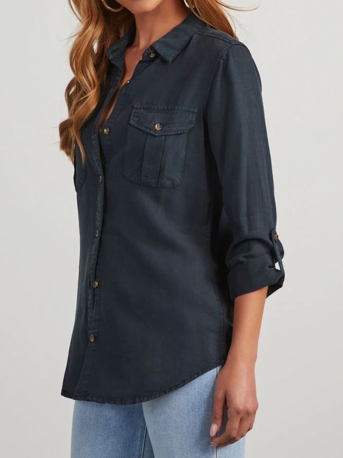 Collared Neck Roll-Tab Sleeve - Denim Top