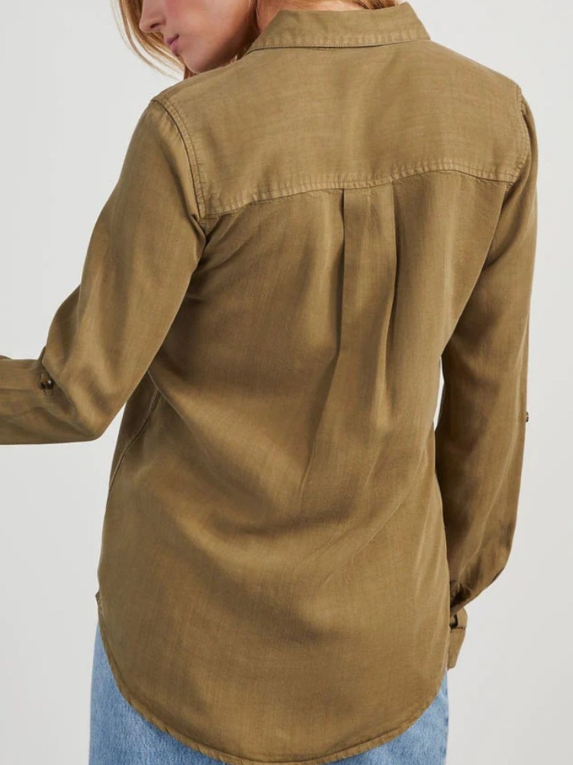 Collared Neck Roll-Tab Sleeve - Denim Top