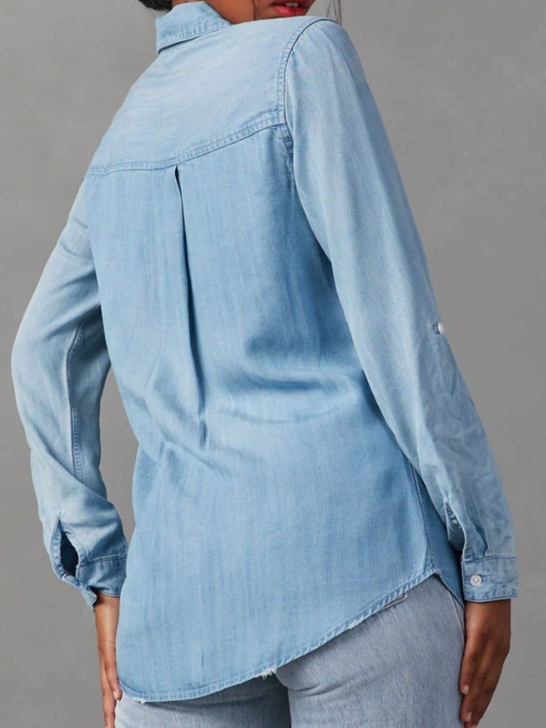 Collared Neck Roll-Tab Sleeve - Denim Top