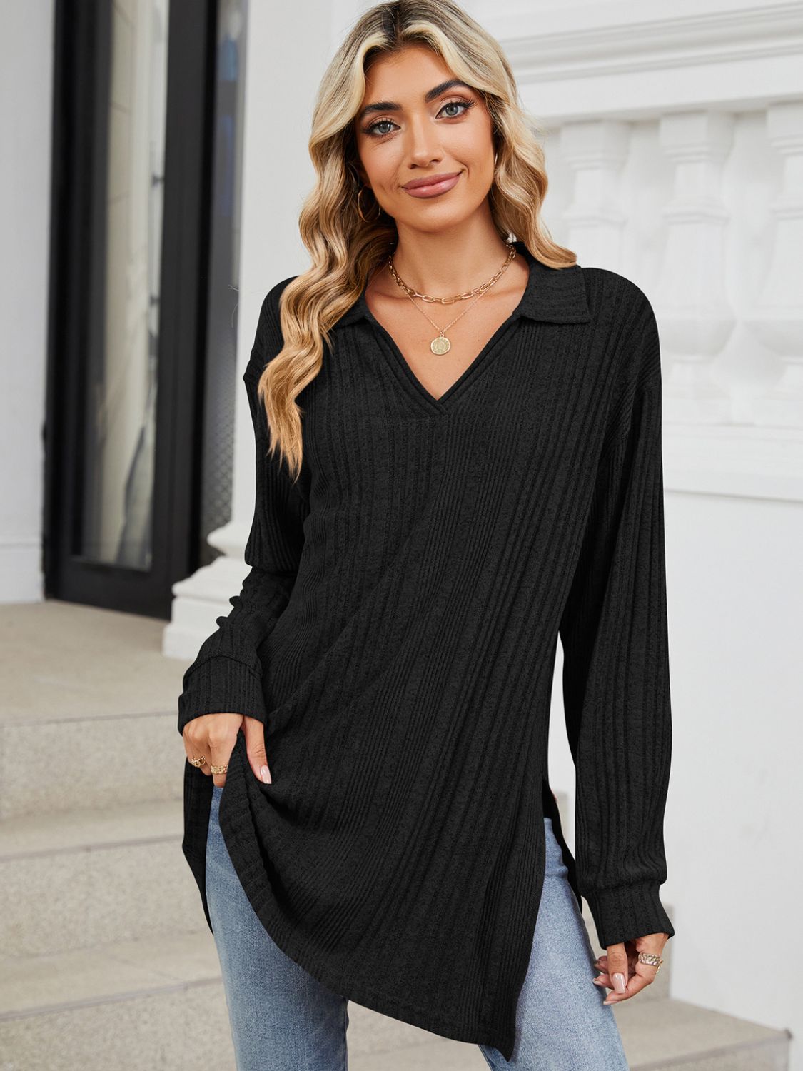 Slit Johnny Collar Long Sleeve T-Shirt-Comfortable