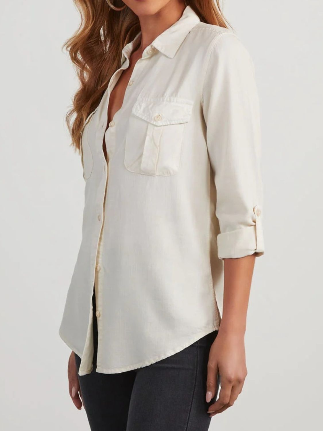 Collared Neck Roll-Tab Sleeve - Denim Top