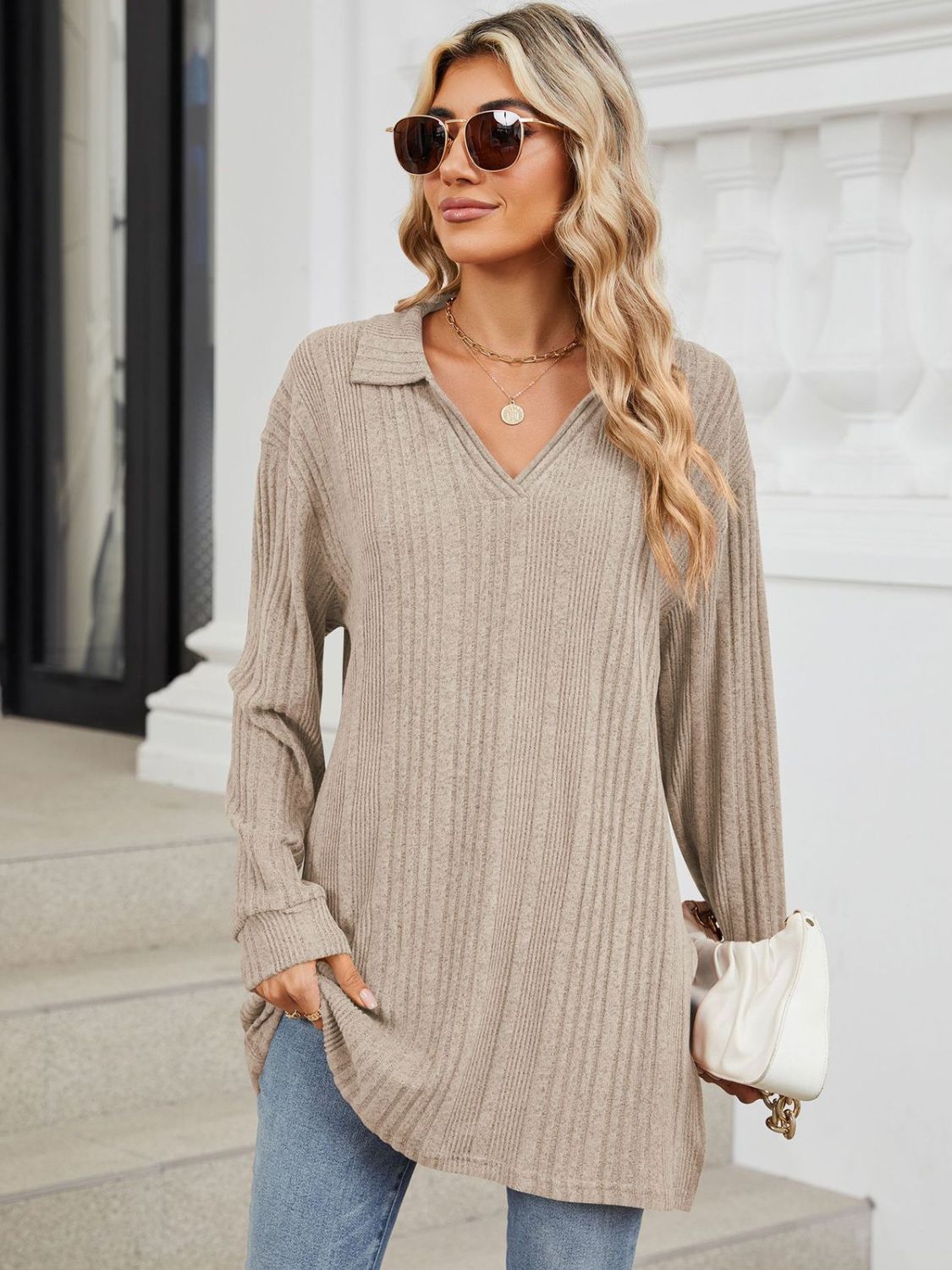 Slit Johnny Collar Long Sleeve T-Shirt-Comfortable