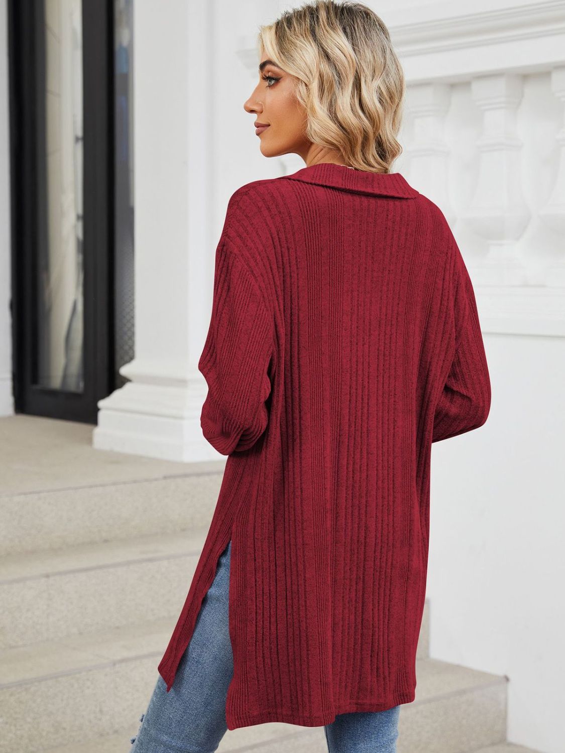 Slit Johnny Collar Long Sleeve T-Shirt-Comfortable