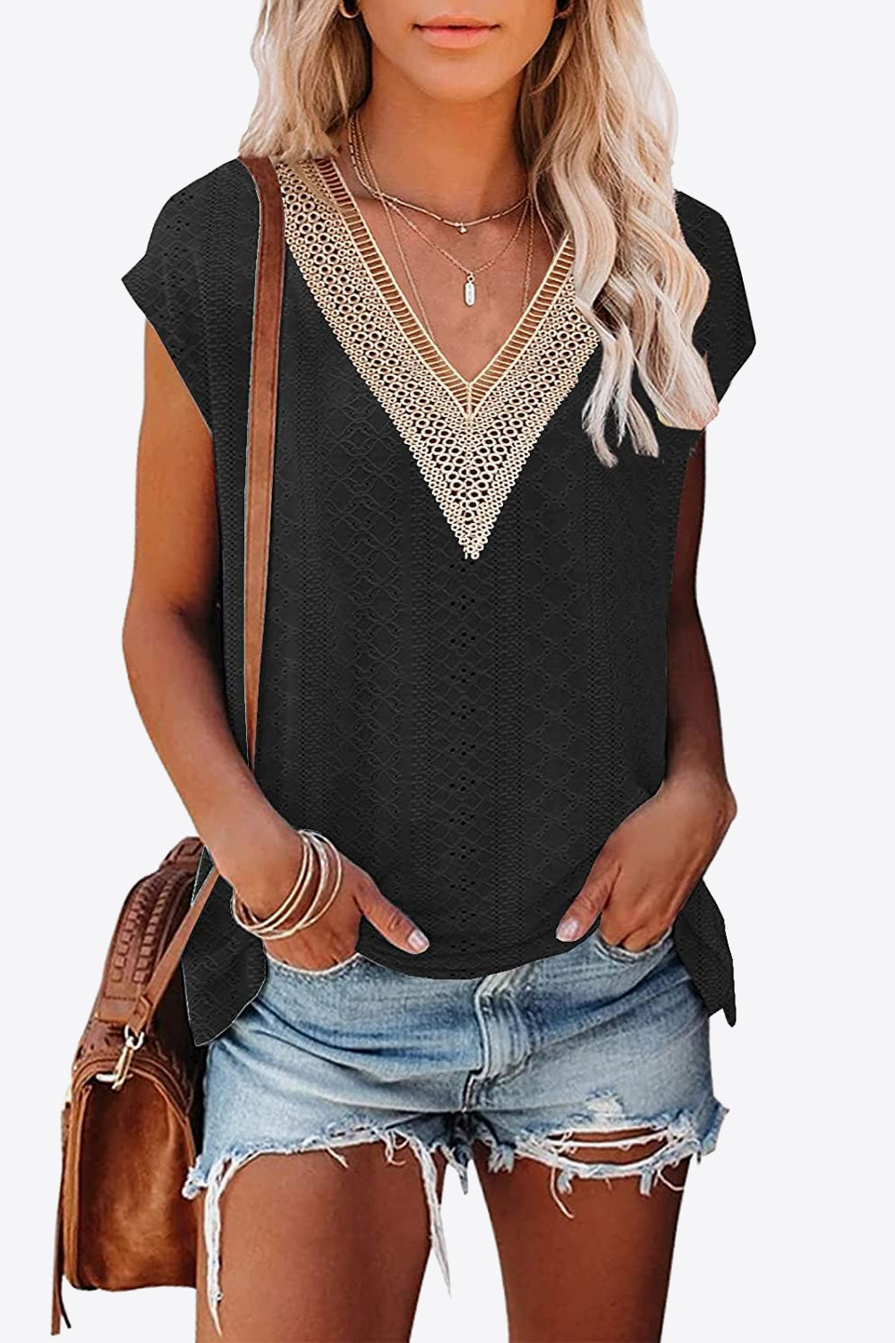 Eyelet Contrast V-Neck Tee-Stylish-Comfortable