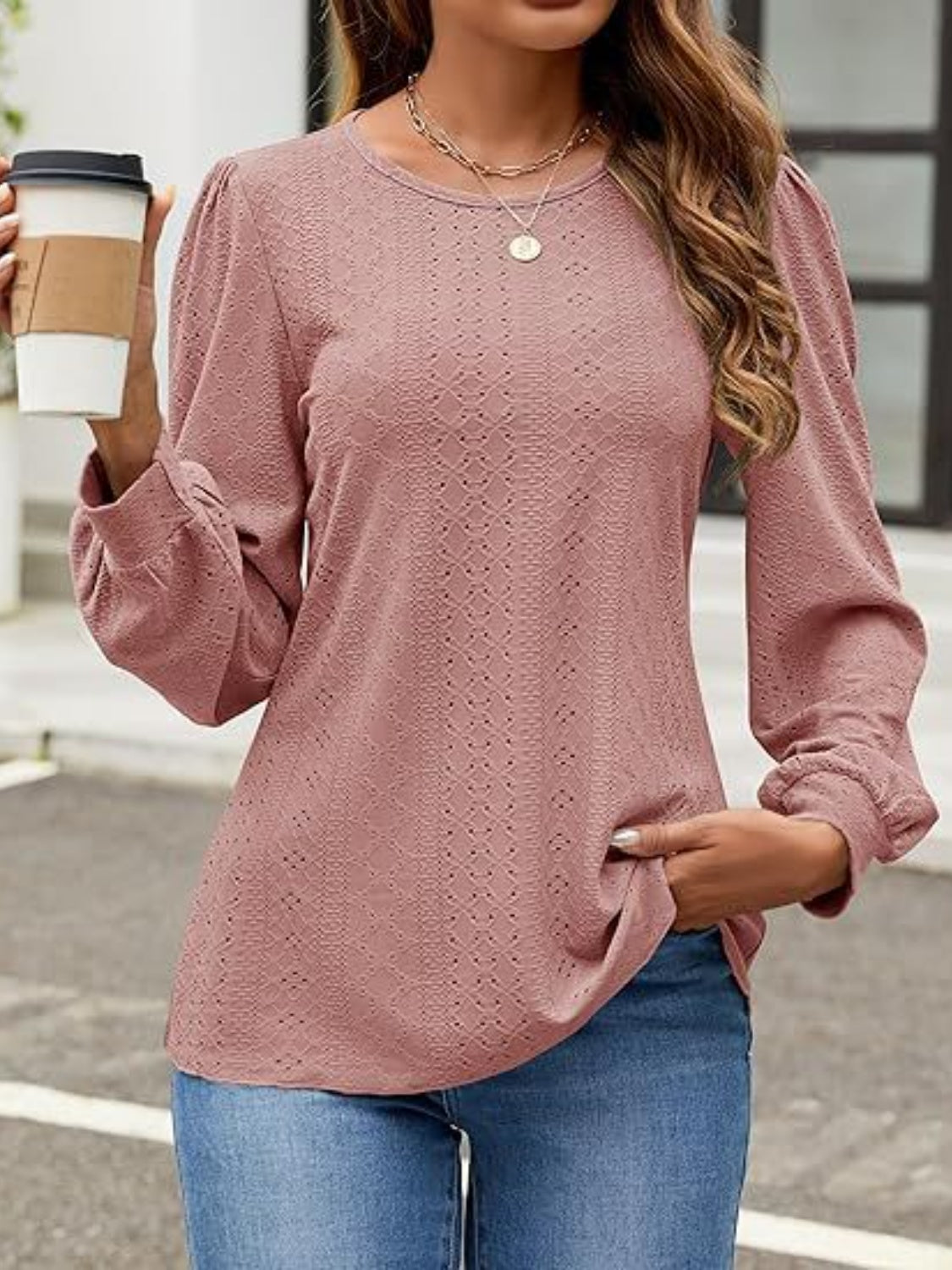 Eyelet Round Neck Long Sleeve Top-Comfortable-Fashion