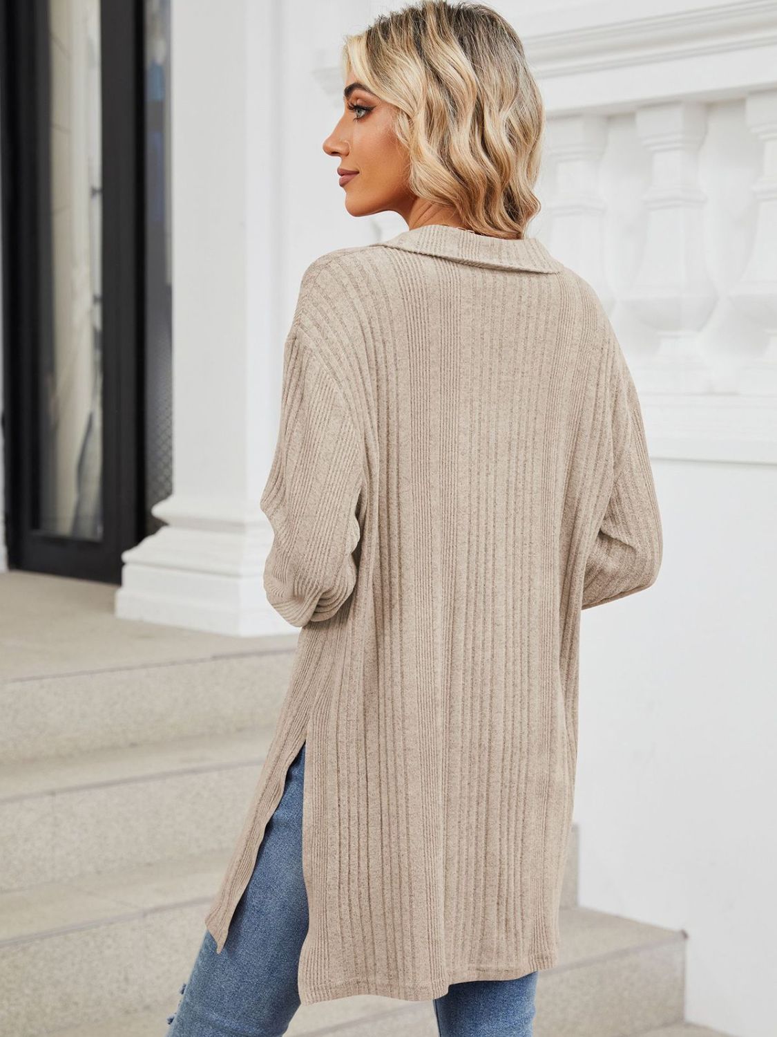 Slit Johnny Collar Long Sleeve T-Shirt-Comfortable