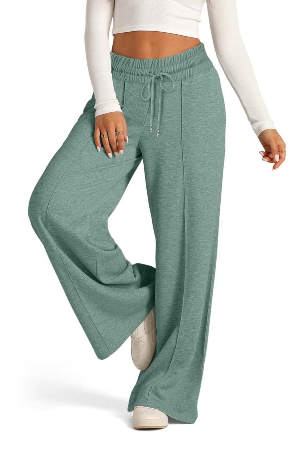 Drawstring Elastic Waist - Wide Leg Pants