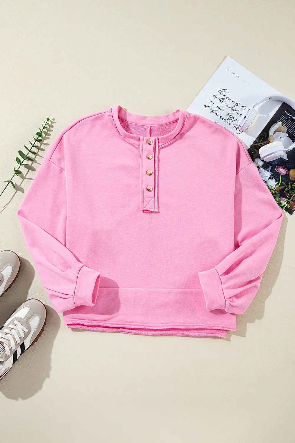 Half Button Long Sleeve Sweatshirt-Cozy-Casual